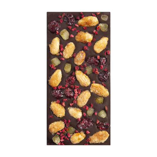 dark chocolate bar with dried fruit and caramelized nuts
