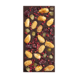 dark chocolate bar with dried fruit and caramelized nuts