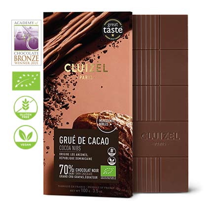 Premium dark chocolate bar with cocoa nibs