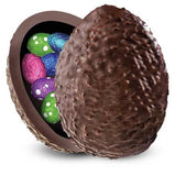 dark chocolate Easter egg with almond bits and chocolate eggs